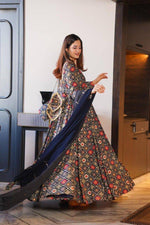 Blue Grey Rayon Anarkali Gown With Dupatta - Joshindia