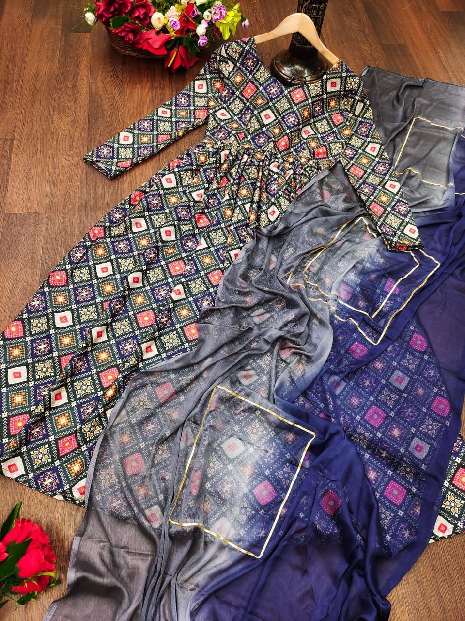 Blue Grey Rayon Anarkali Gown With Dupatta - Joshindia