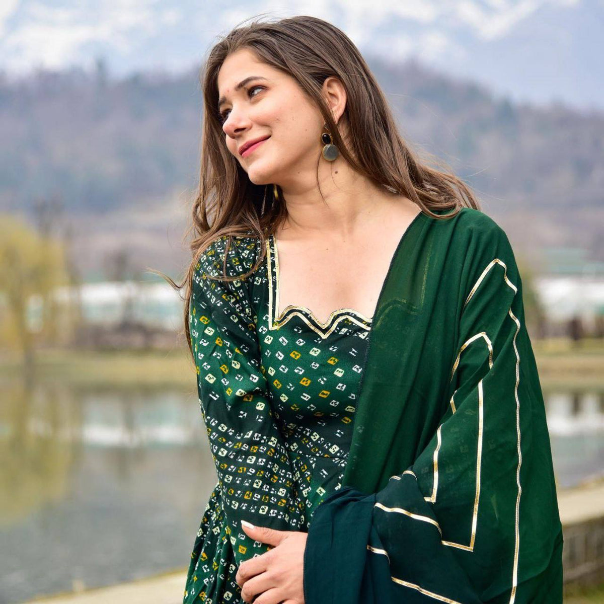 Green Bandhani Printed Rayon Long Kurti - Joshindia