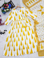 White And Yellow Leaf Print Anarkali Suit Set - Joshindia