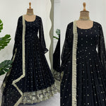 Black georgette thread and sequence work party wear anarkali suit - Joshindia