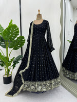 Black georgette thread and sequence work party wear anarkali suit - Joshindia