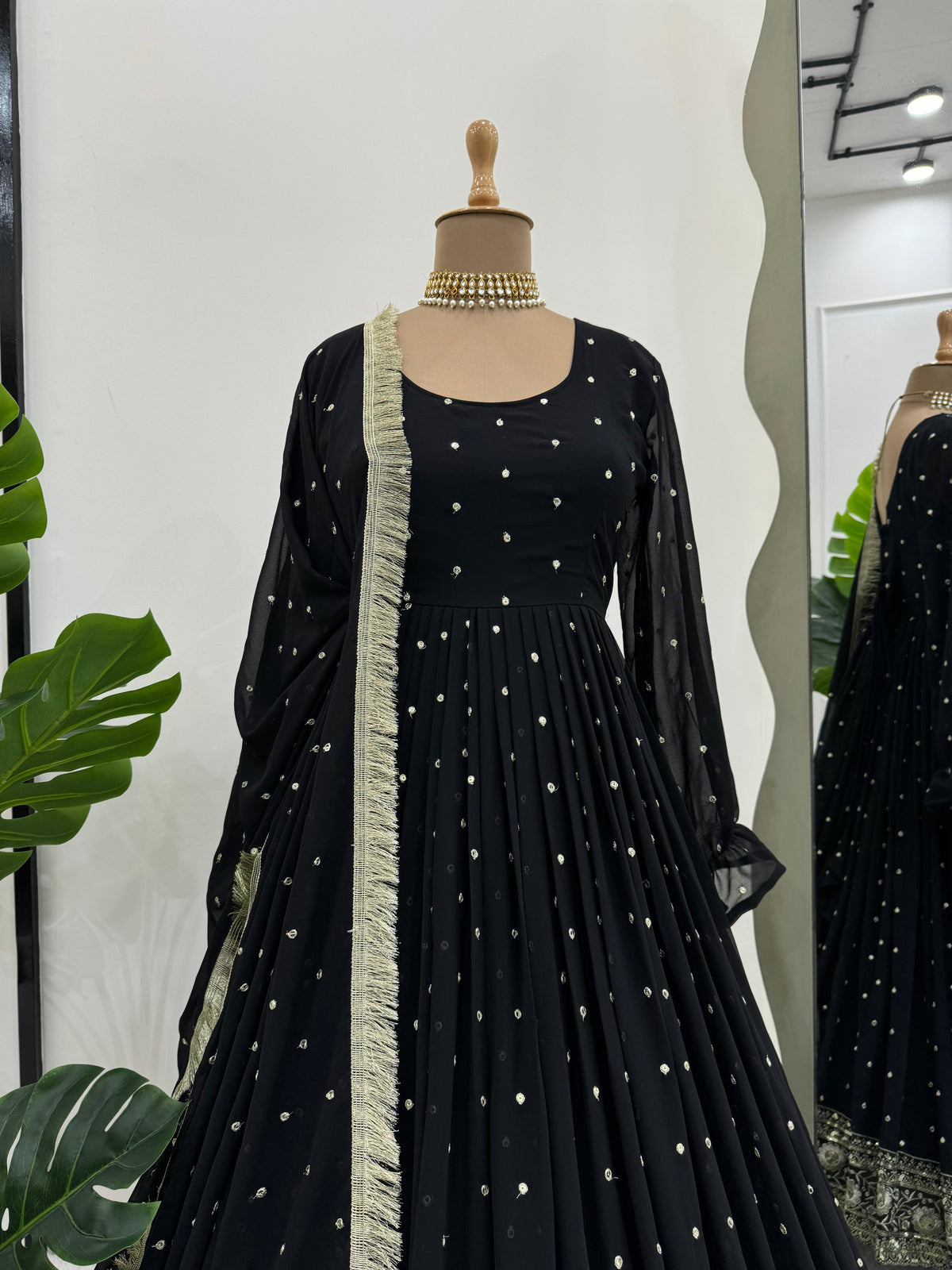 Black georgette thread and sequence work party wear anarkali suit - Joshindia