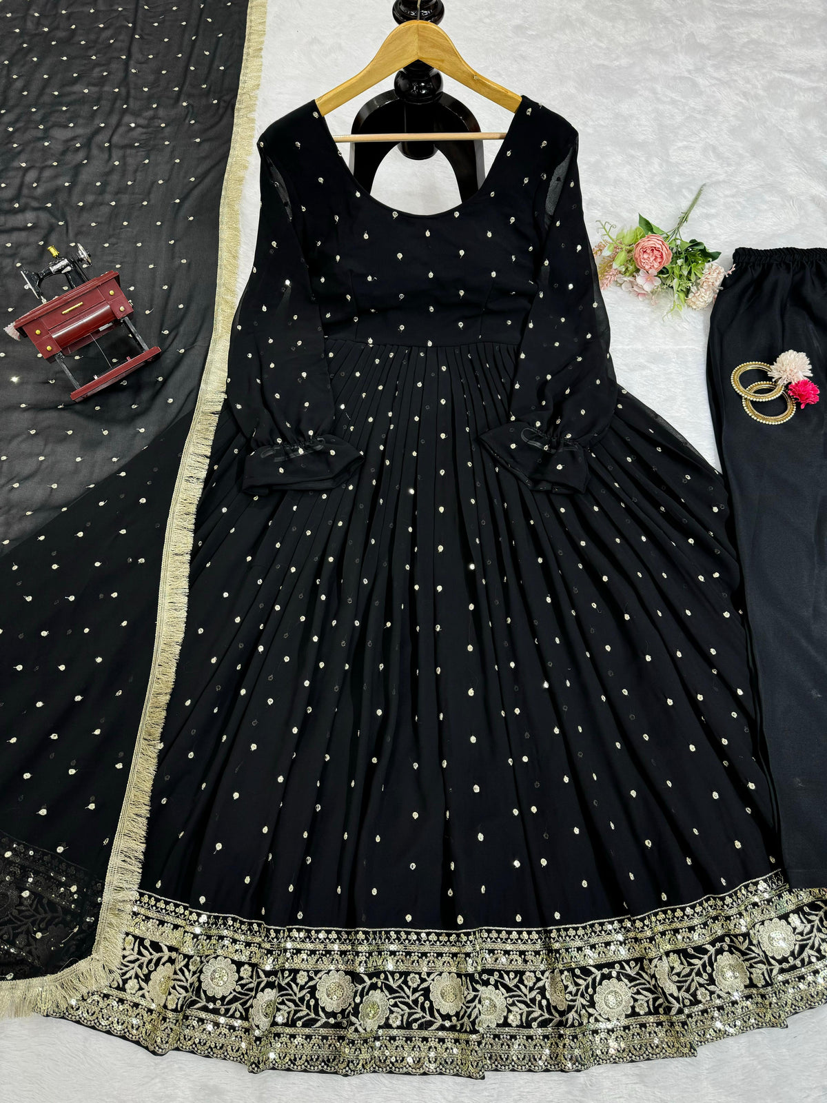 Black georgette thread and sequence work party wear anarkali suit - Joshindia