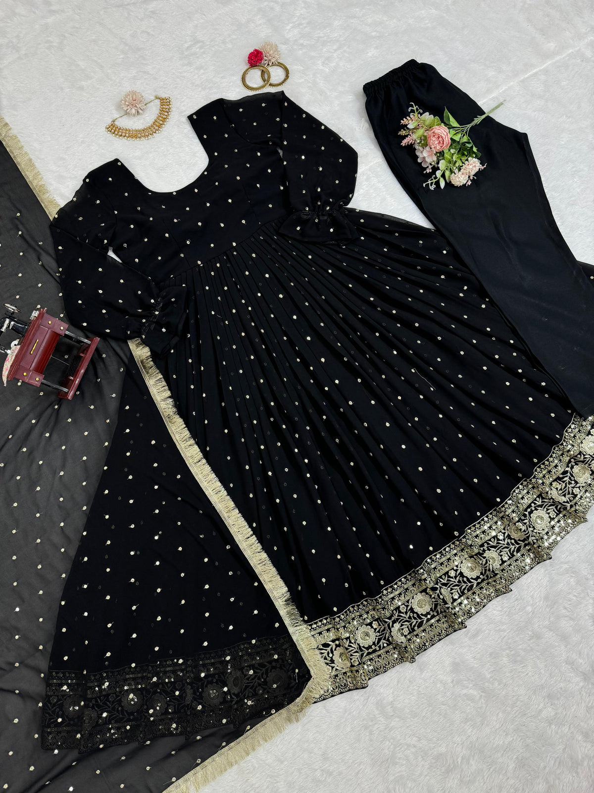 Black georgette thread and sequence work party wear anarkali suit - Joshindia