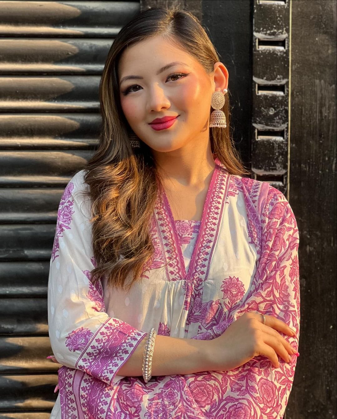 Beautiful white and pink painted cotton kurta set
