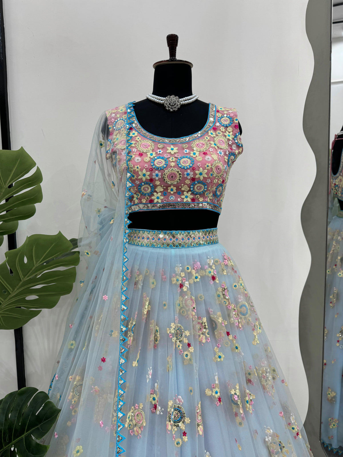 Dreamy Light Blue Butterfly Net Lehenga with Thread & Sequence Embroidery