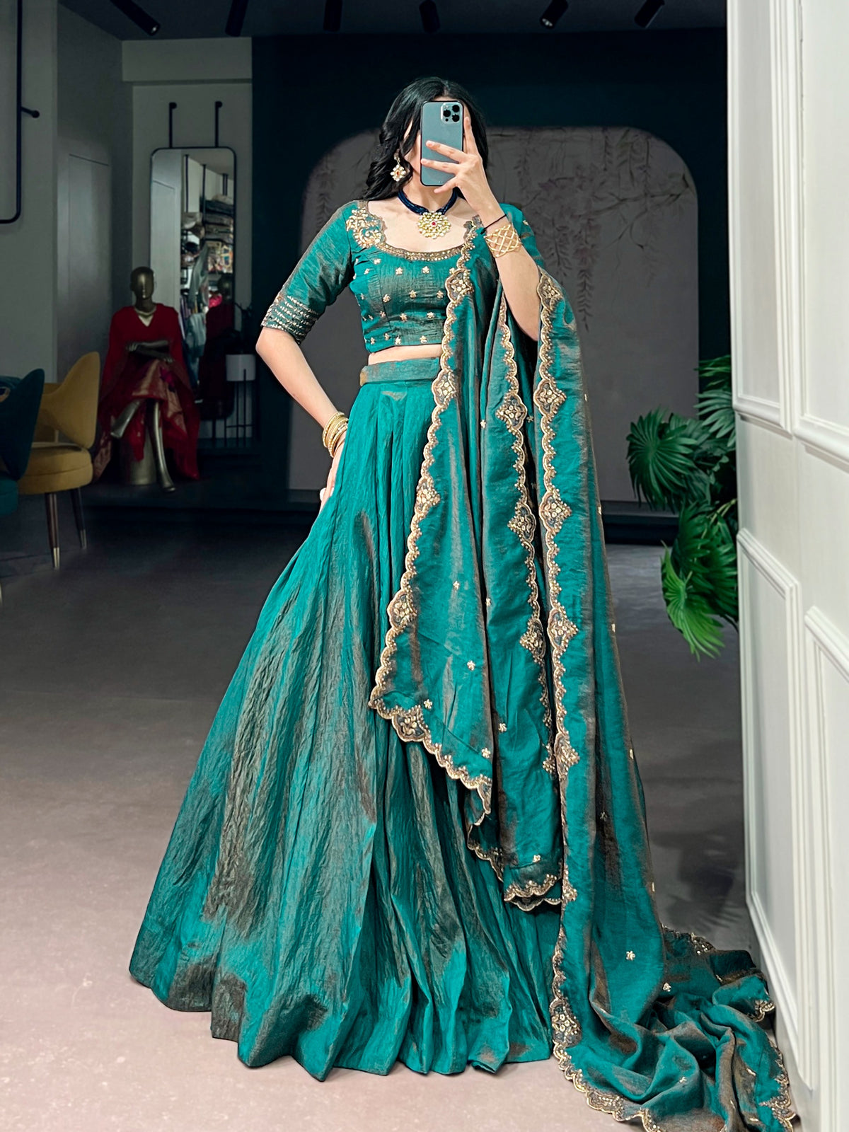 Rama Green Silk Lehenga Choli with Embroidered Blouse