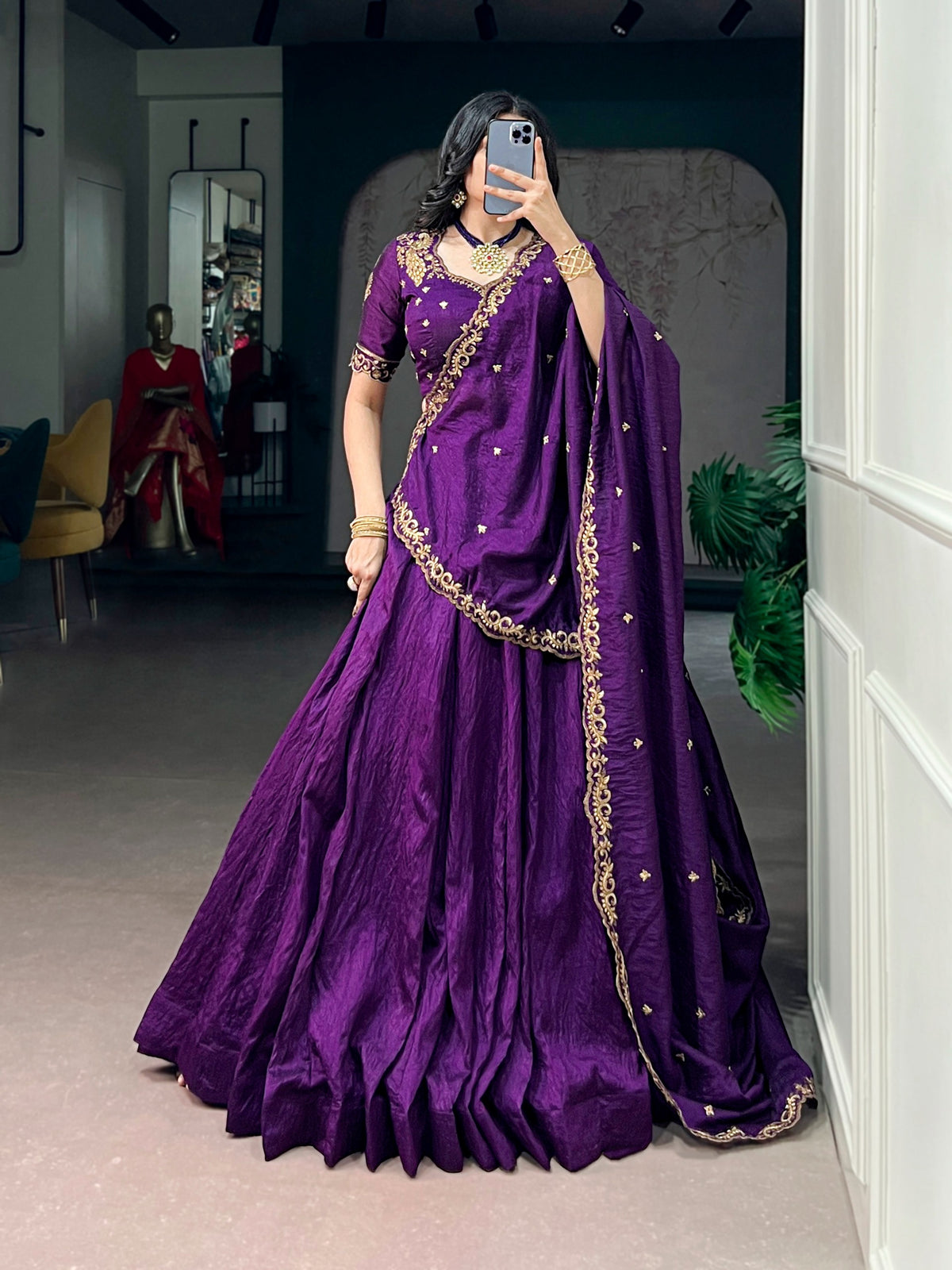 Purple Silk Lehenga Choli with Embroidered Blouse