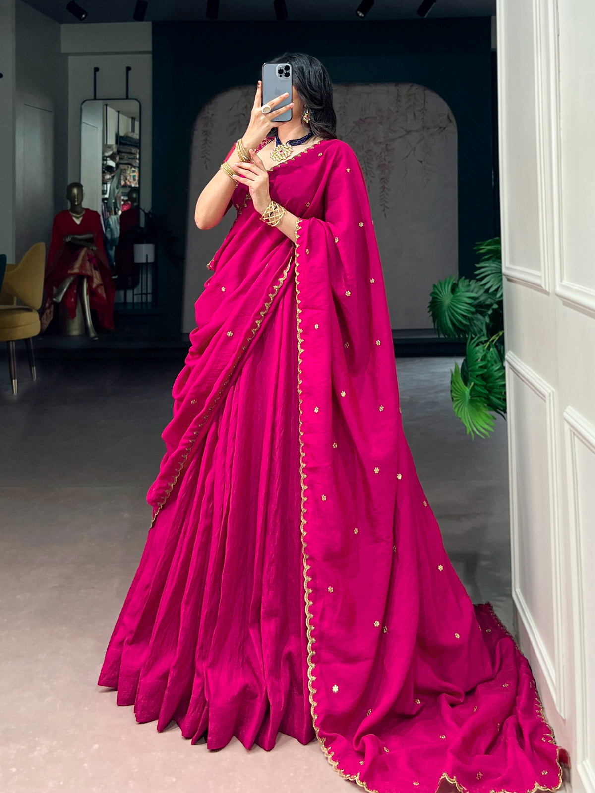 Pink Silk Lehenga Choli with Embroidered Blouse