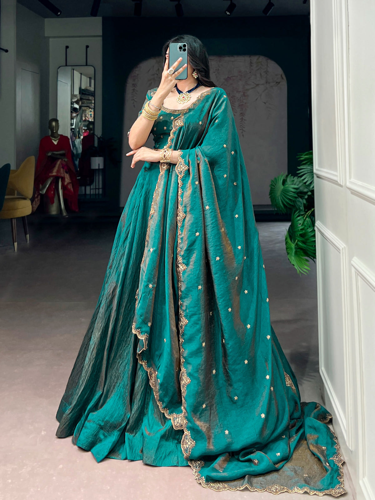Rama Green Silk Lehenga Choli with Embroidered Blouse