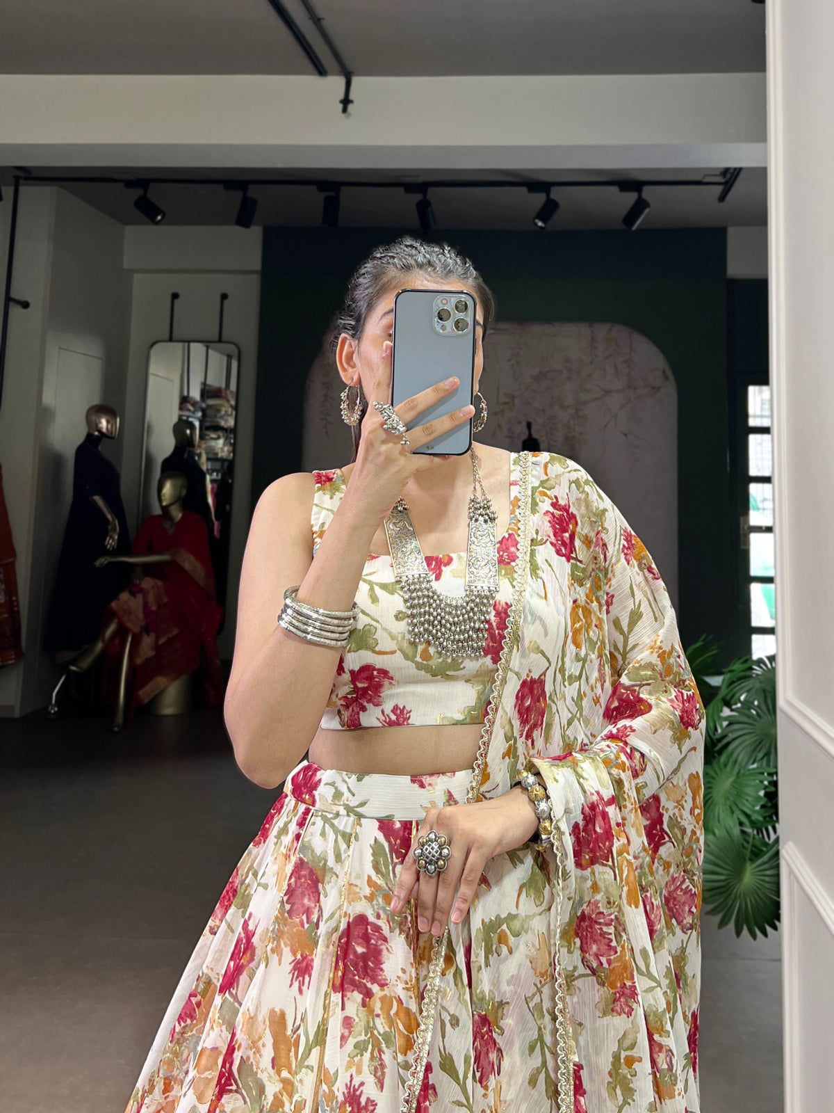 White Chiffon Floral Printed Lehenga Choli with Dupatta