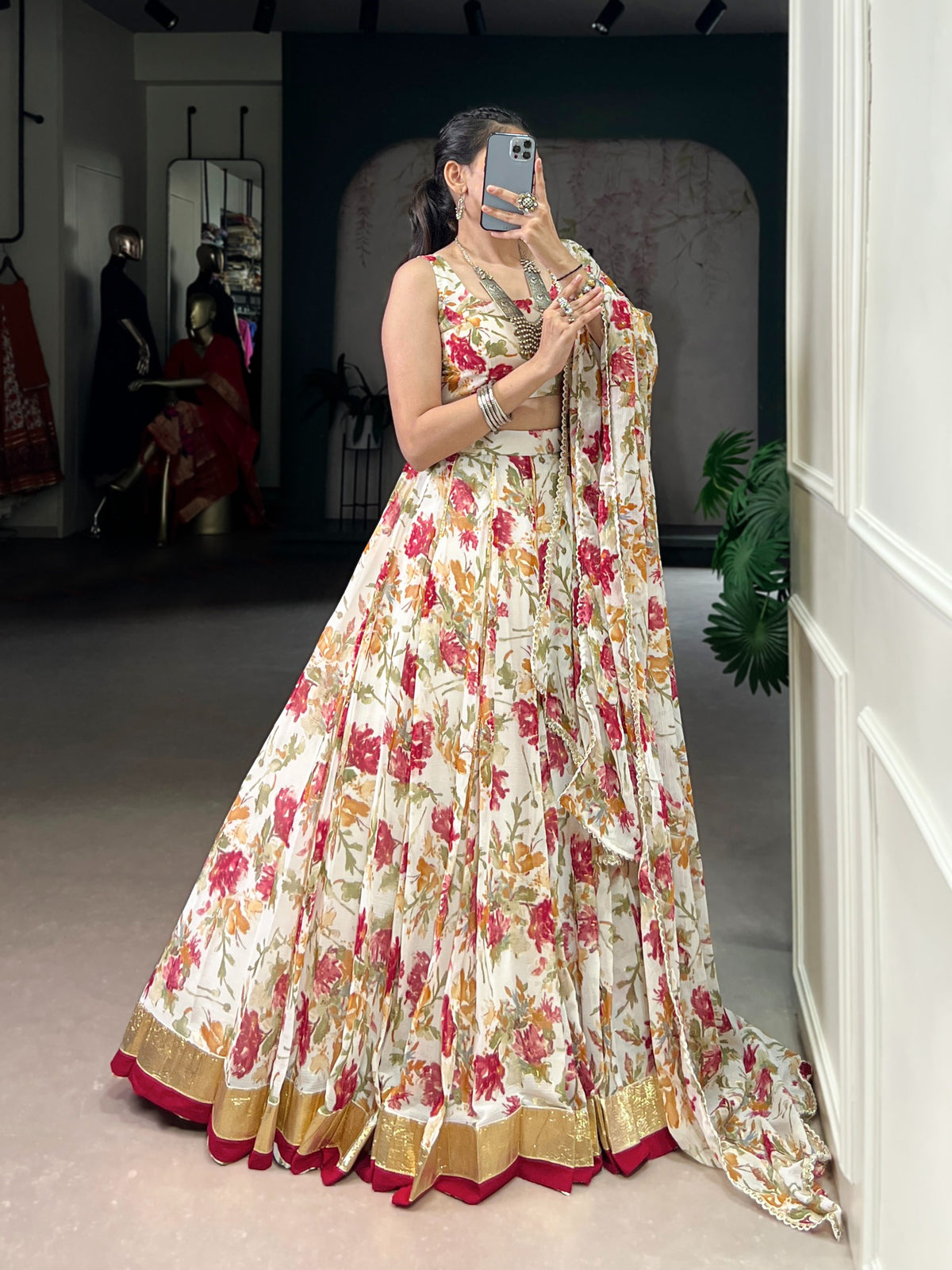 White Chiffon Floral Printed Lehenga Choli with Dupatta