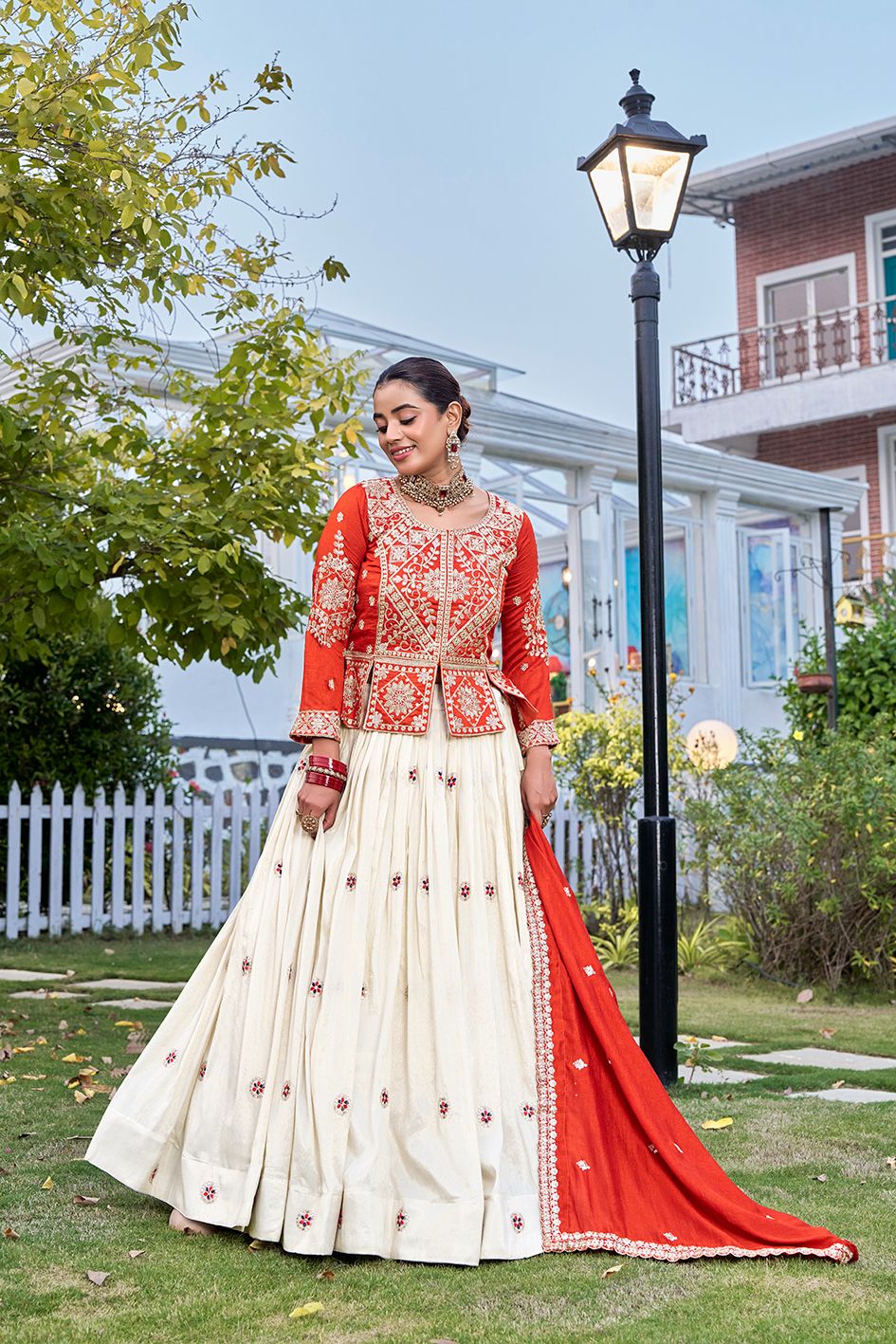 Orange Embroidered Kurti Lehenga Set with Designer Dupatta