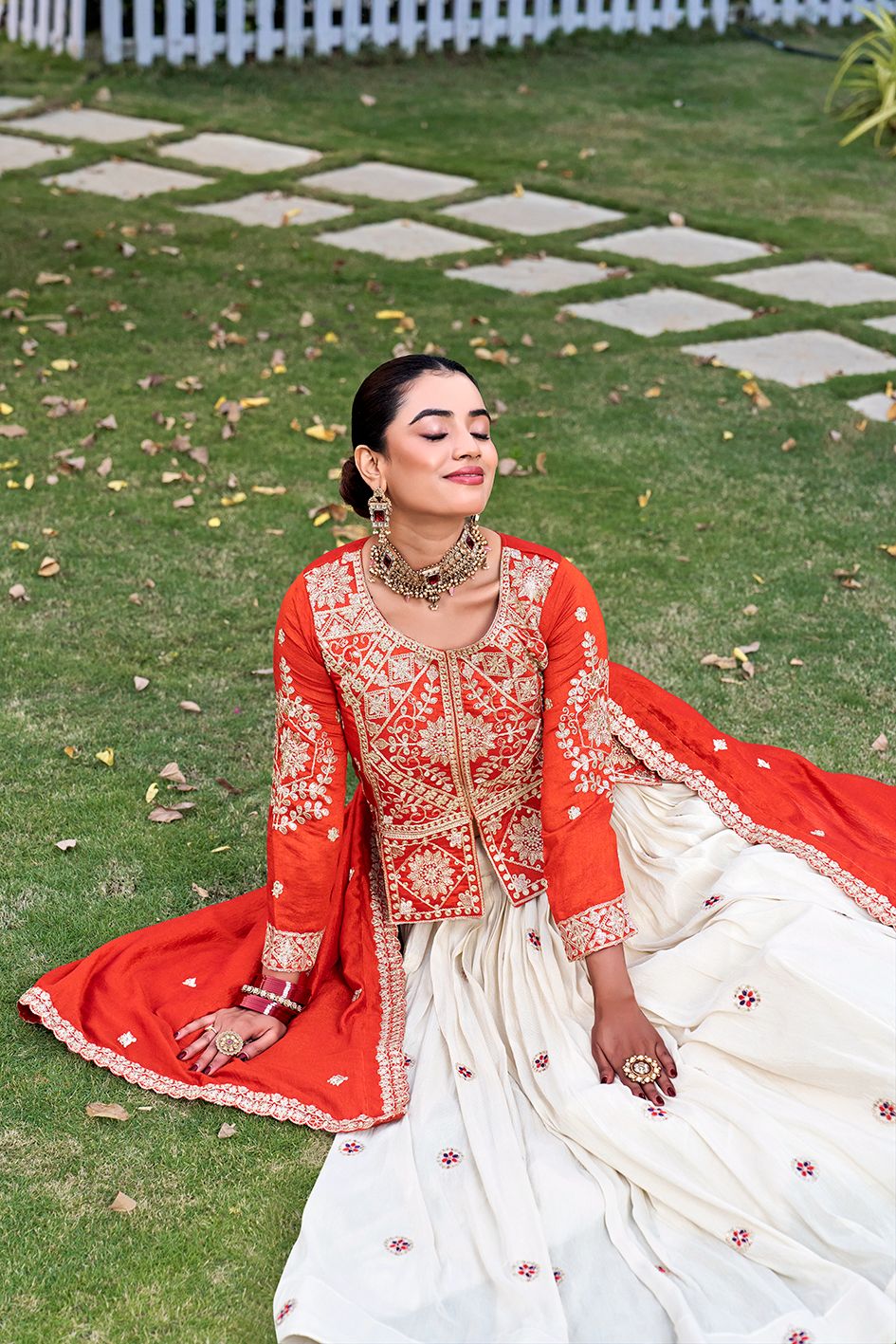 Orange Embroidered Kurti Lehenga Set with Designer Dupatta