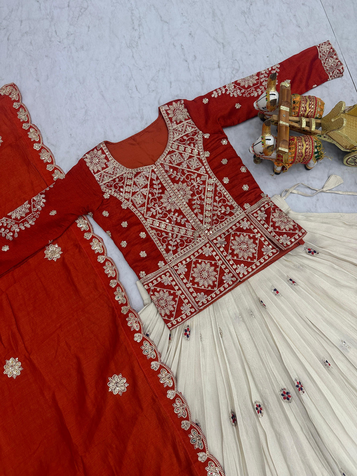 Orange Embroidered Kurti Lehenga Set with Designer Dupatta