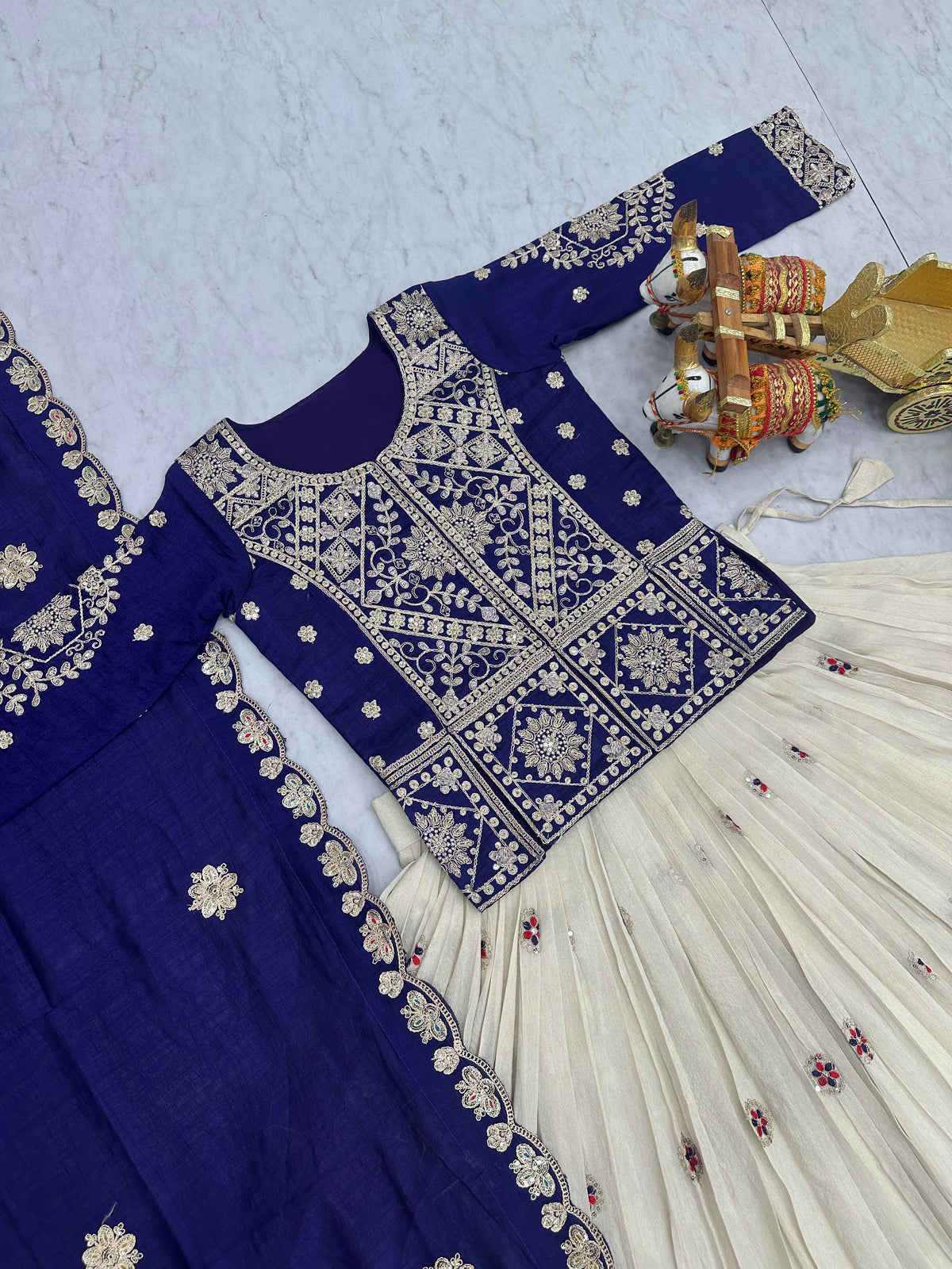 Royal Blue Embroidered Kurti Lehenga Set with Designer Dupatta