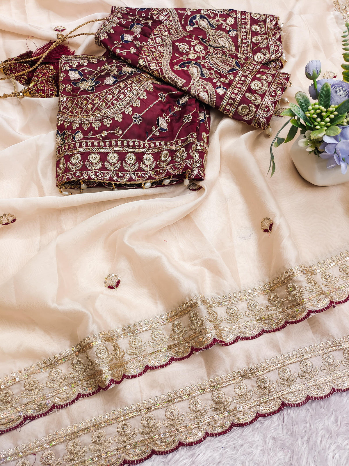 Cream Color Designer Embroidery Silk Saree