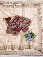 Cream Color Designer Embroidery Silk Saree