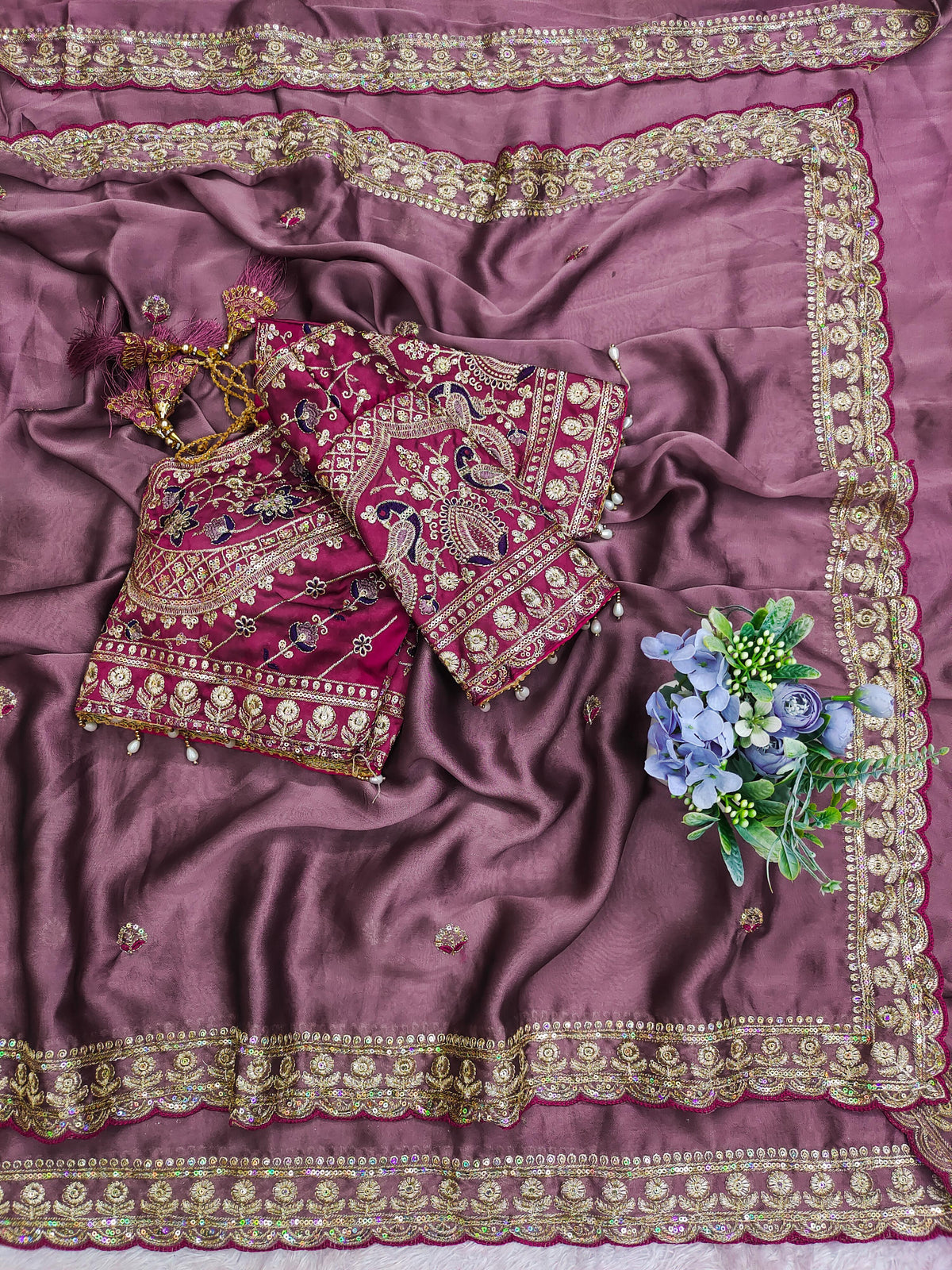 Onion Pink Color Designer Embroidery Silk Saree