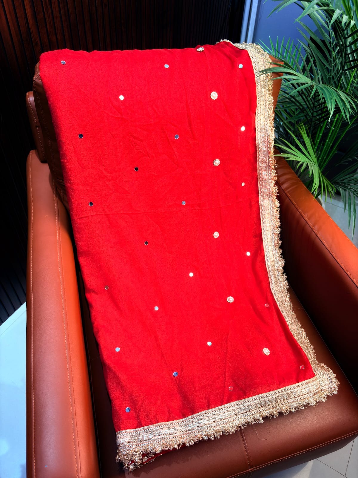 Vichitra Silk Saree Real Mirror Work Moti Golden Lace Border with Blouse