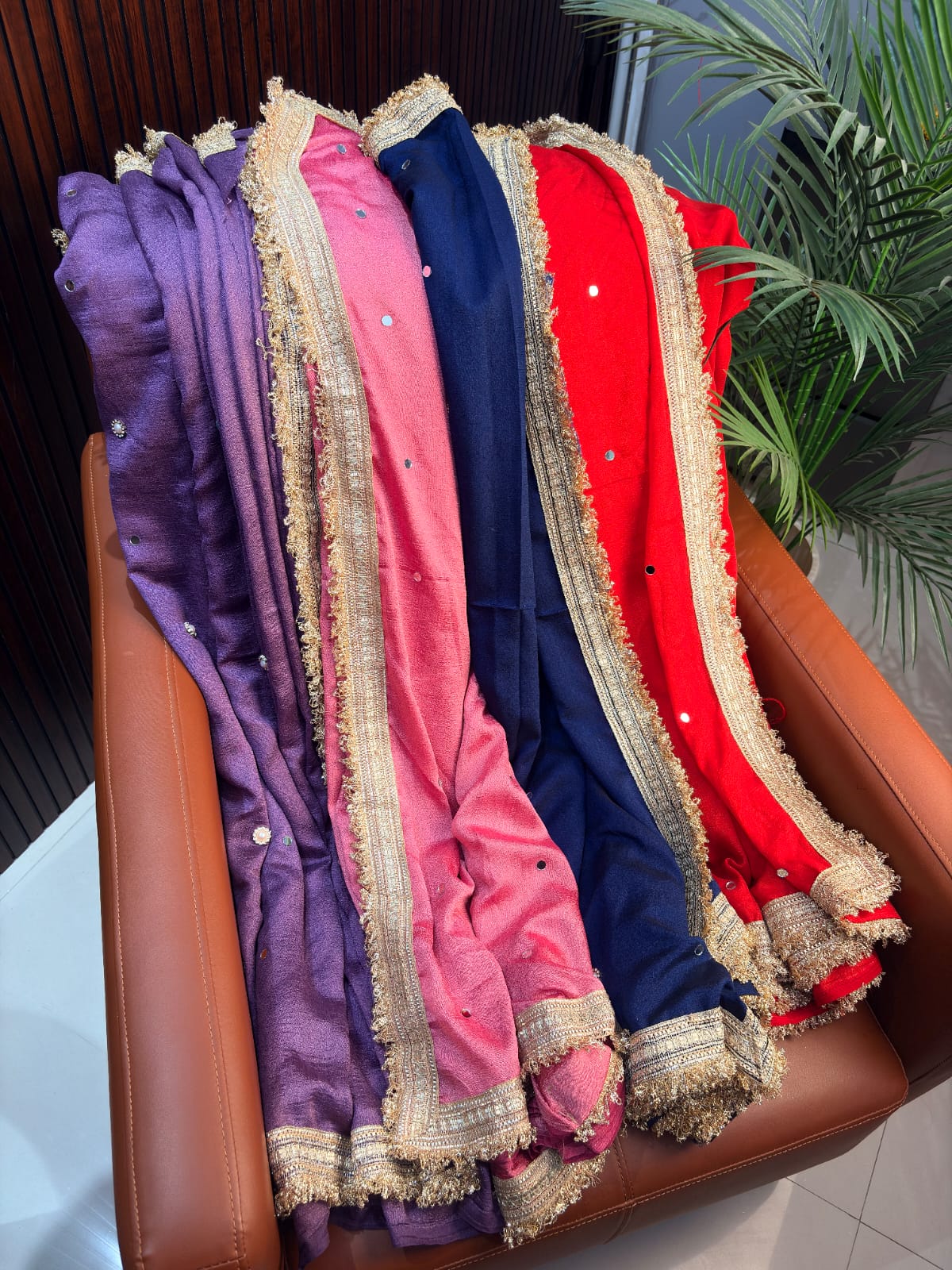 Vichitra Silk Saree Real Mirror Work Moti Golden Lace Border with Blouse