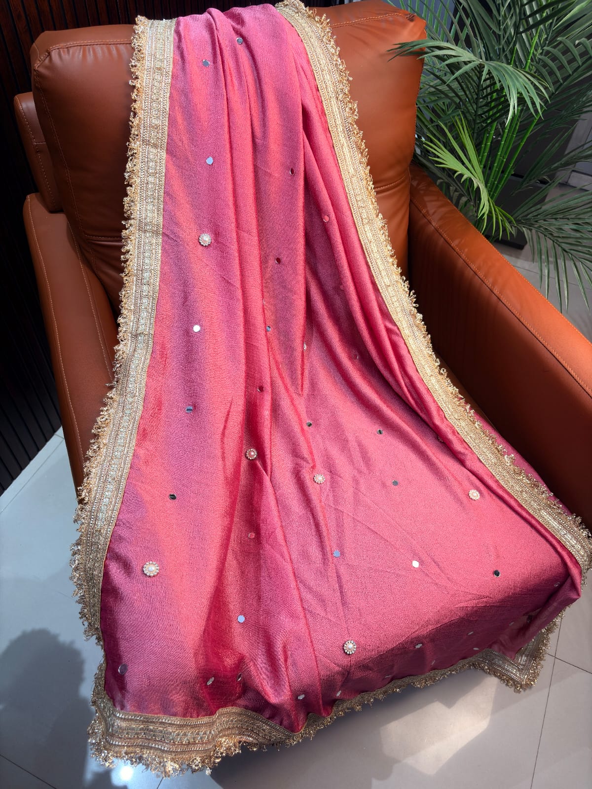 Vichitra Silk Saree Real Mirror Work Moti Golden Lace Border with Blouse