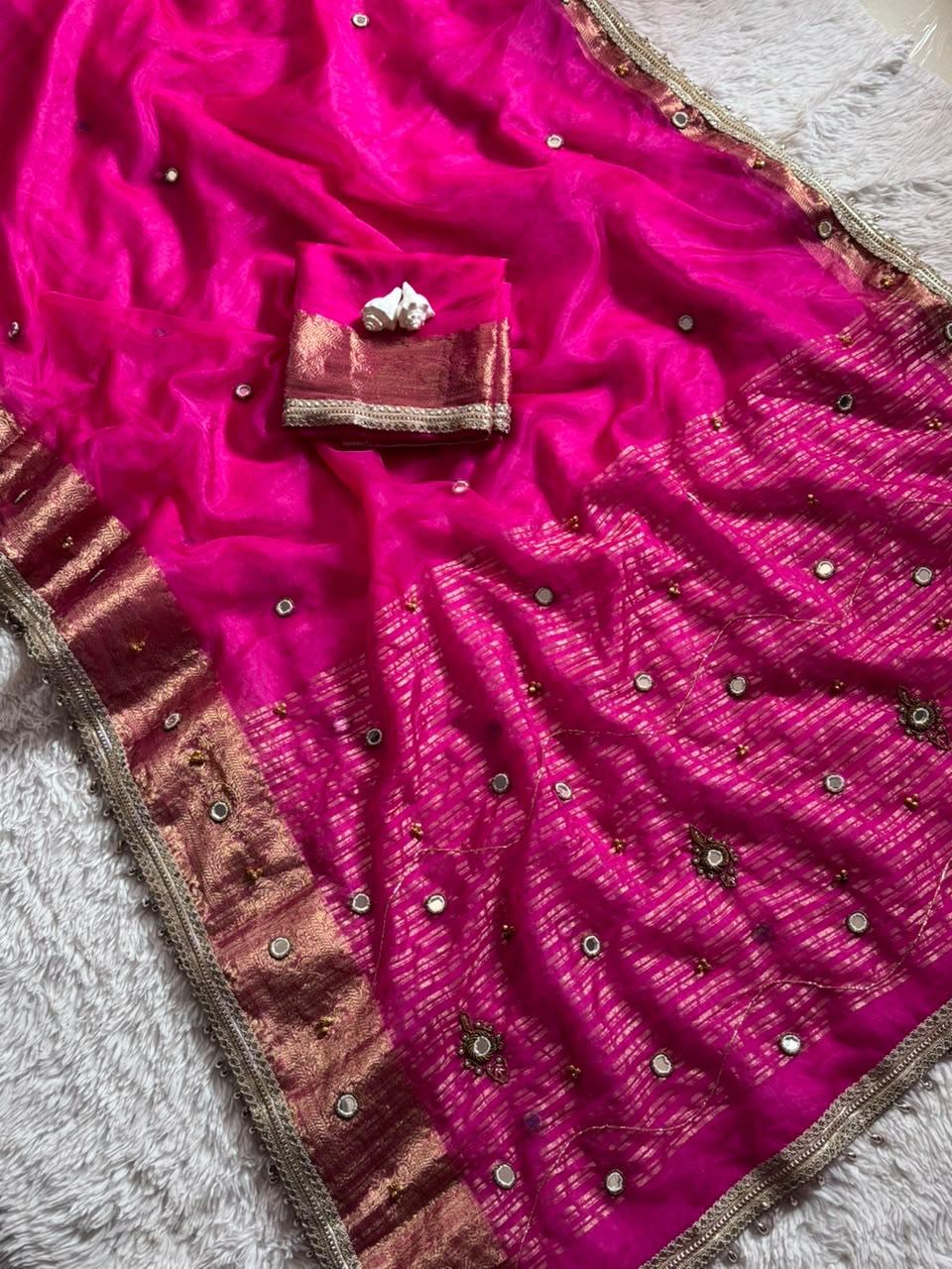 Ghungroo Mirror Work Saree – Soft Tissue Silk
