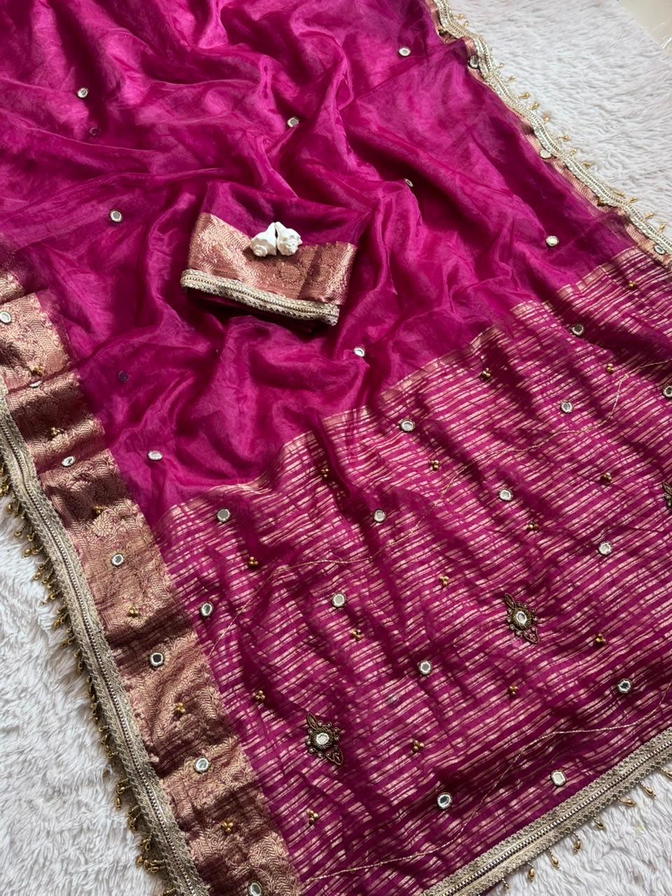 Ghungroo Mirror Work Saree – Soft Tissue Silk