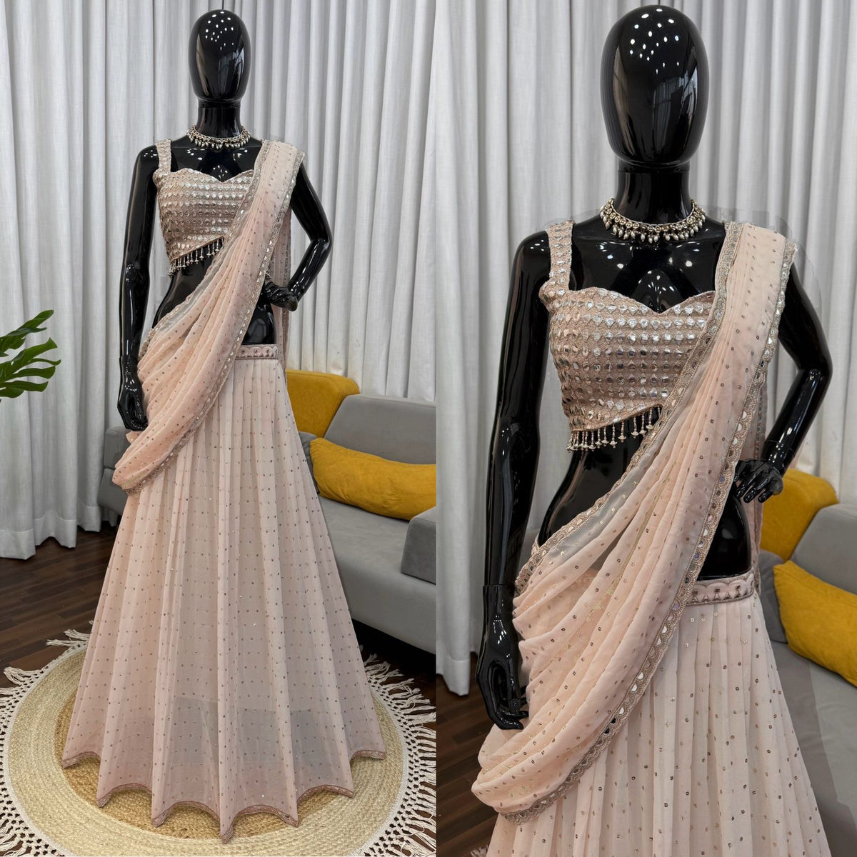 Cream Color Georgette Ready To Wear Lehenga Saree