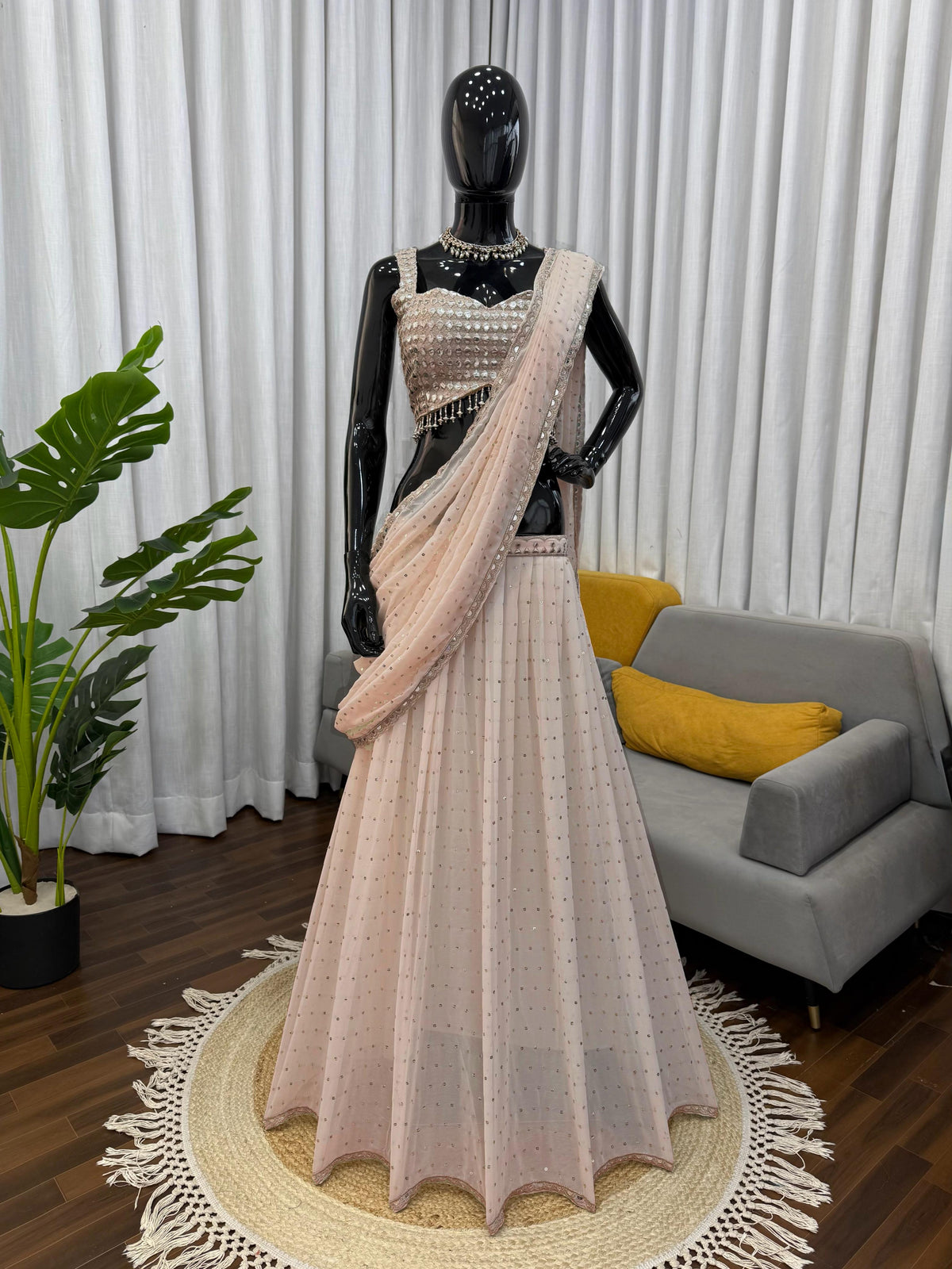 Cream Color Georgette Ready To Wear Lehenga Saree