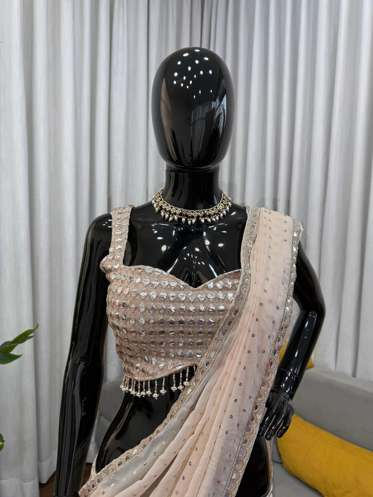 Cream Color Georgette Ready To Wear Lehenga Saree