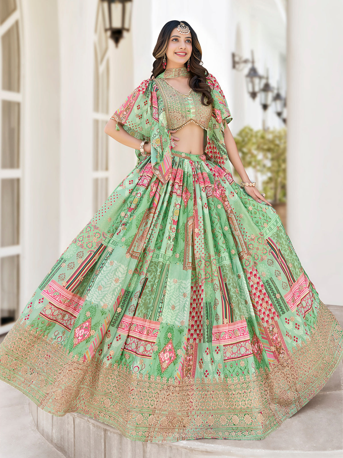 Green Multicolor Designer Printed Embroidered Lehenga Choli