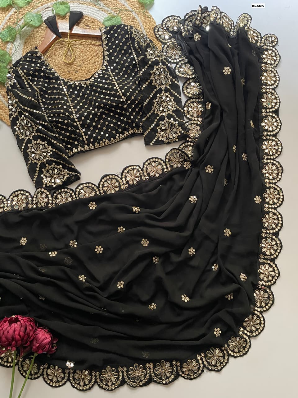 Black Color Designer Faux Georgette Party Wear Saree