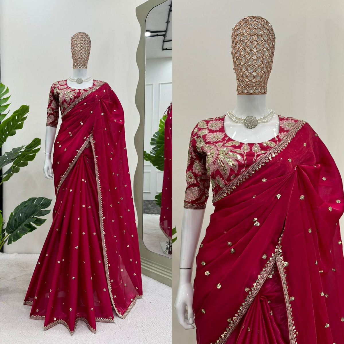 Red Jimmy Choo Chiffon Party Wear Saree with Heavy Pallu Embroidery
