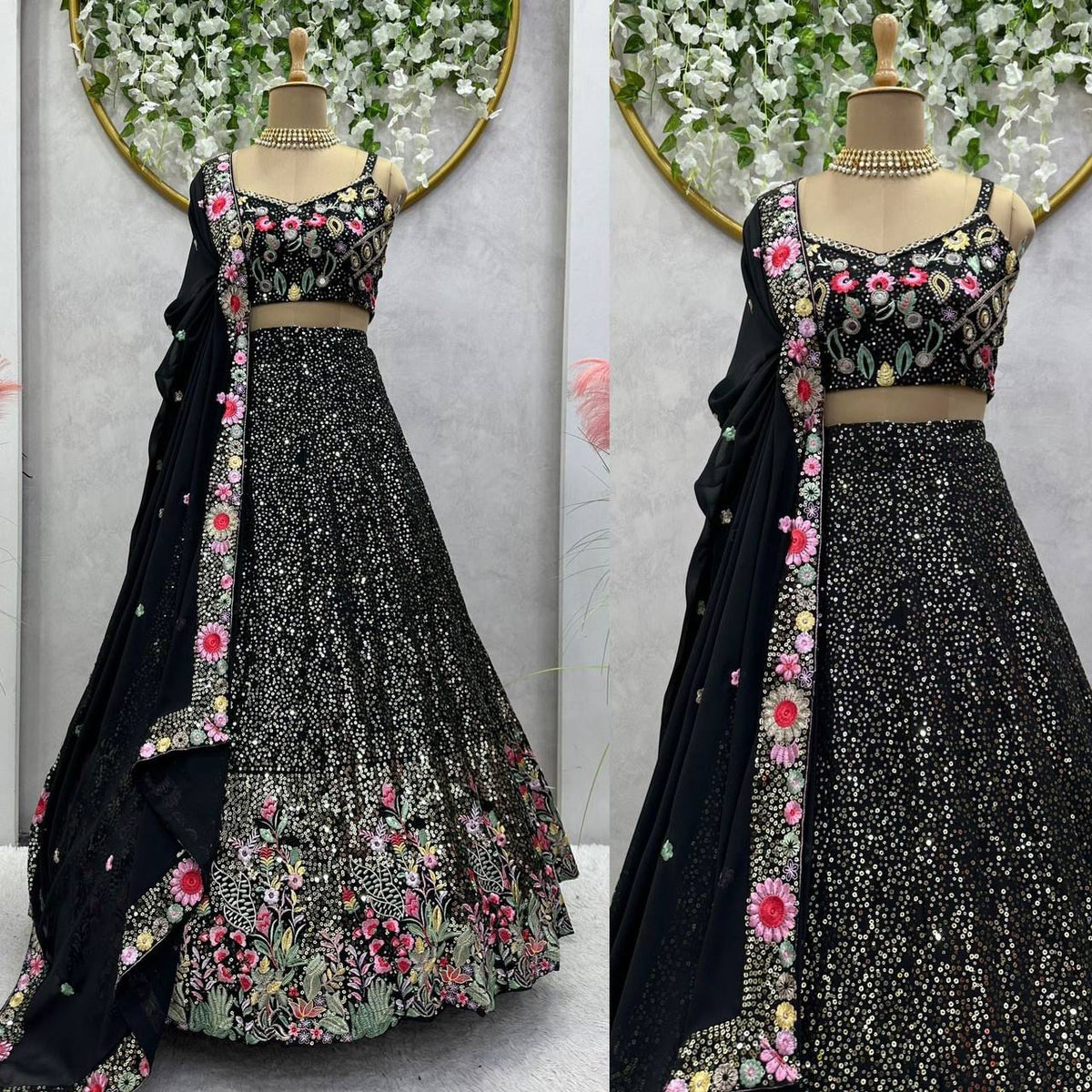 Black Faux Georgette Party Wear Lehenga Choli with Thread & Sequence Work