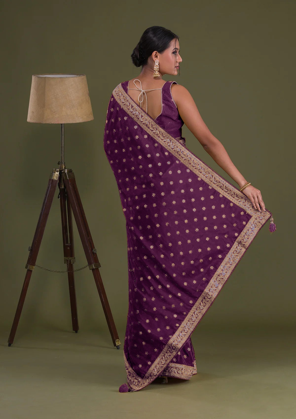 Charismatic Wine Ruffle Work Chinon Party Wear Saree - JOSHINDIA - Joshindia