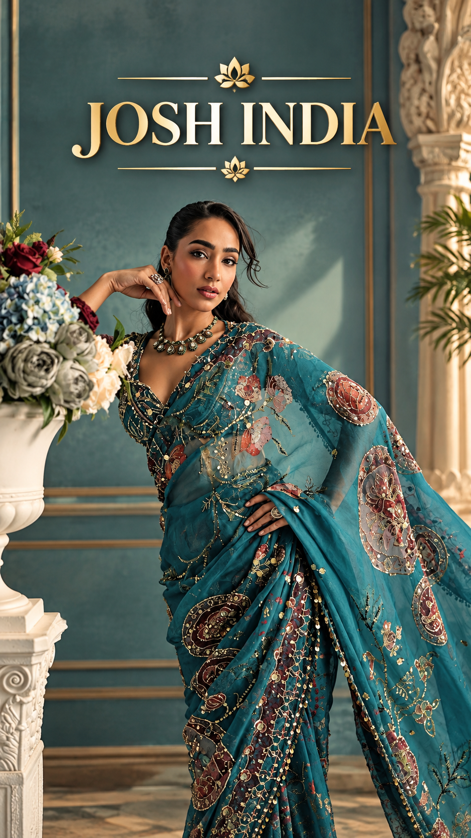 Teal Blue Star Shining Georgette Saree Floral Embroidery Sequins Work with Blouse Party Wear