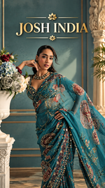 Teal Blue Star Shining Georgette Saree Floral Embroidery Sequins Work with Blouse Party Wear