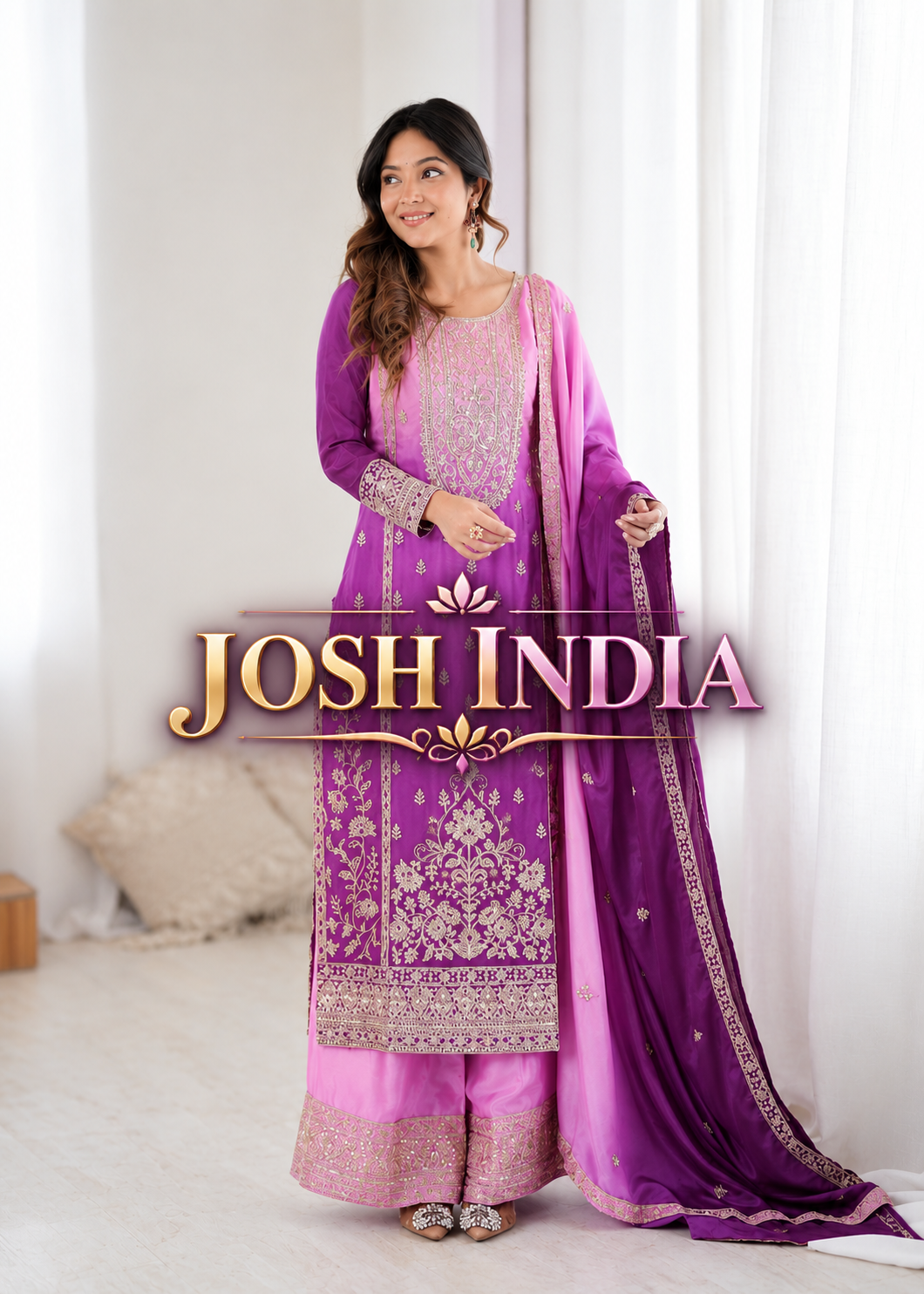 Purple Pink Shaded Chinon Silk Kurti Plazzo Dupatta Set Dori Sequence Work