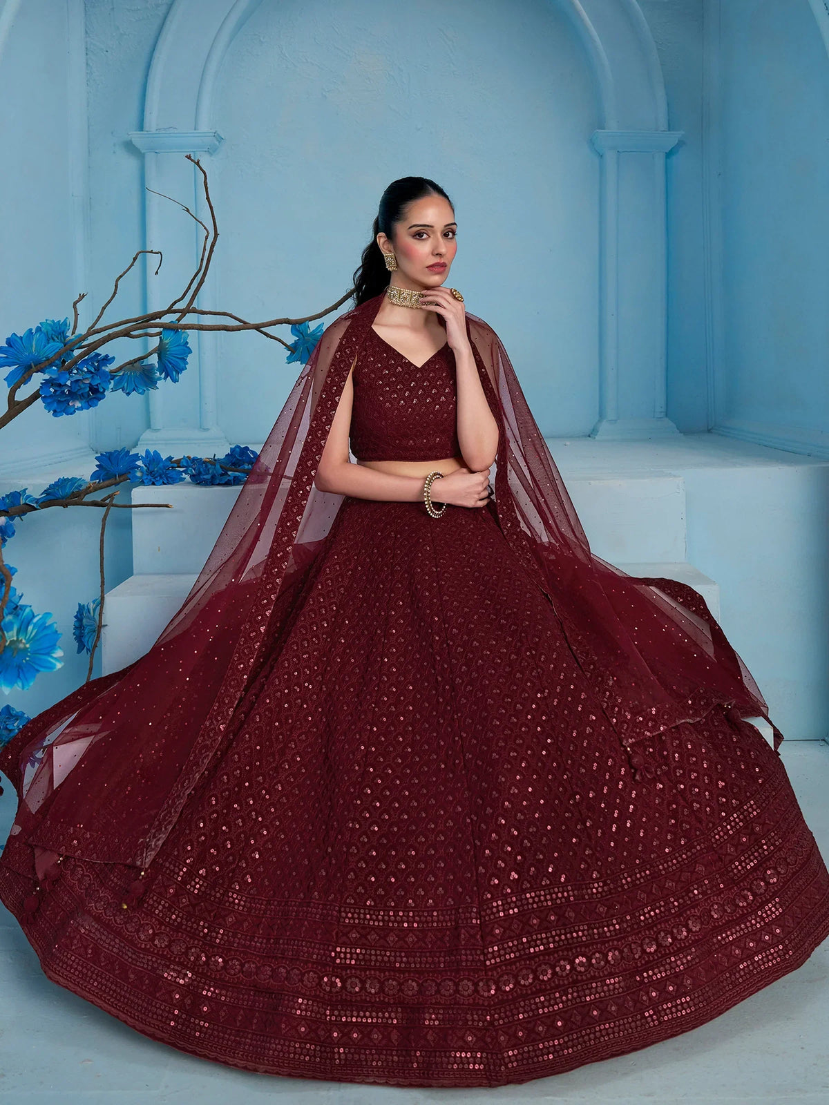 Maroon Sequins Reception Wear Lehenga Choli With Net Dupatta