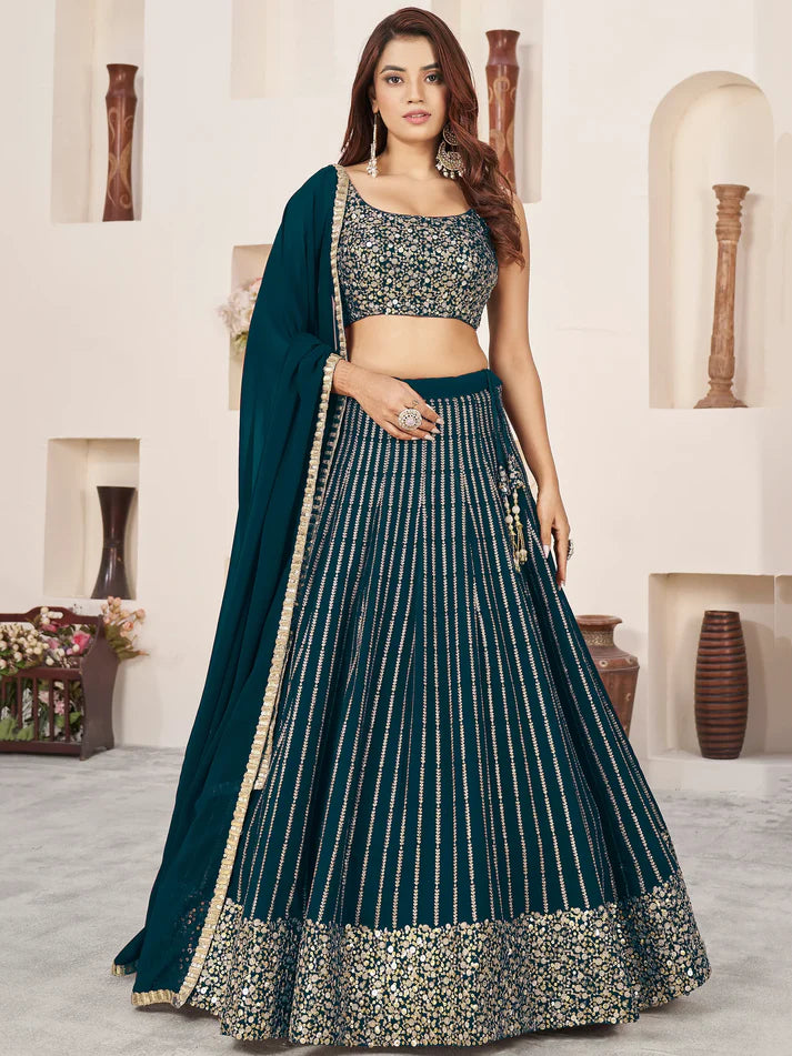 Teal Green Zari & Sequins Georgette Engagement Wear Lehenga Choli