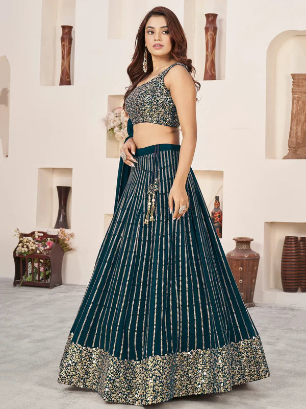 Teal Green Zari & Sequins Georgette Engagement Wear Lehenga Choli