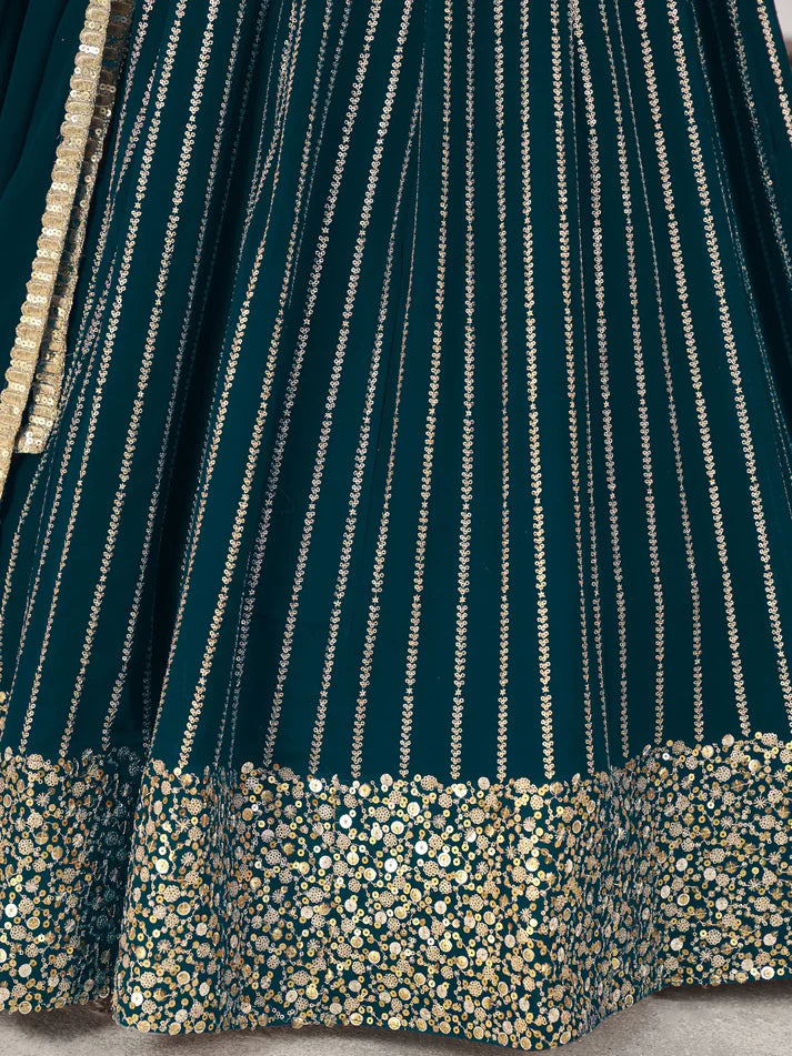 Teal Green Zari & Sequins Georgette Engagement Wear Lehenga Choli
