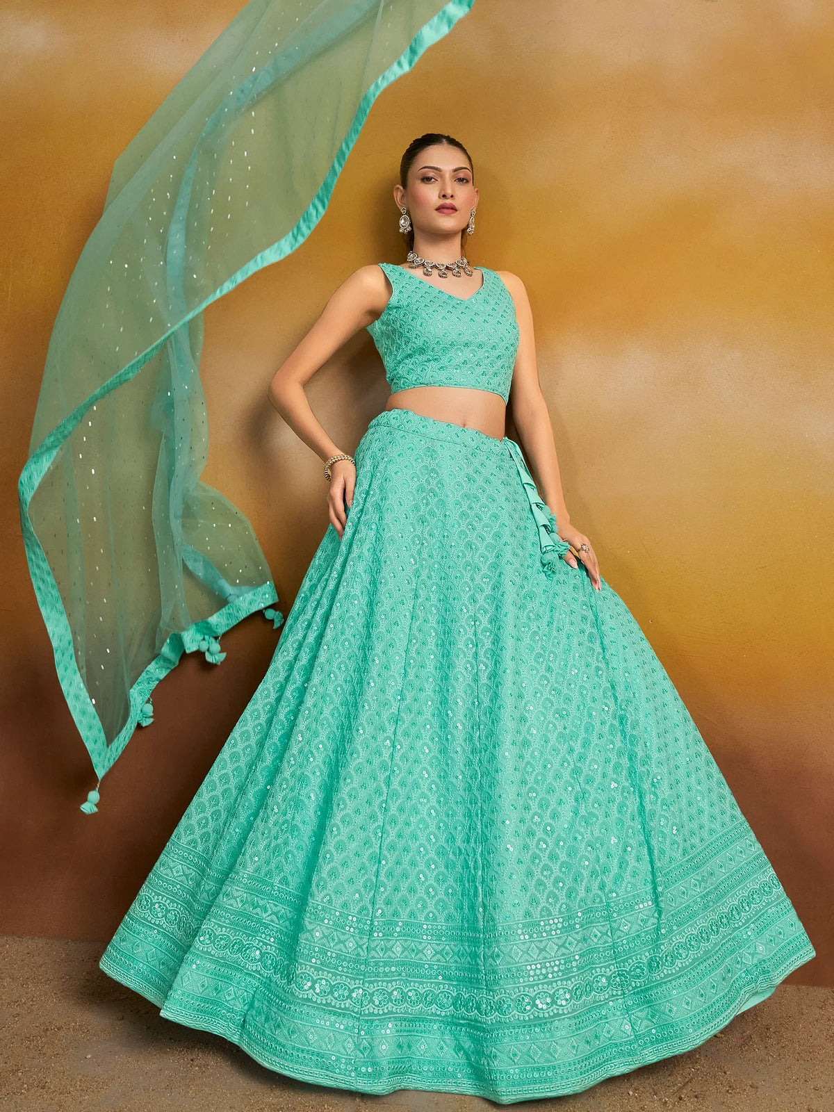 Sky Blue Sequins Georgette Engagement Wear Lehenga Choli