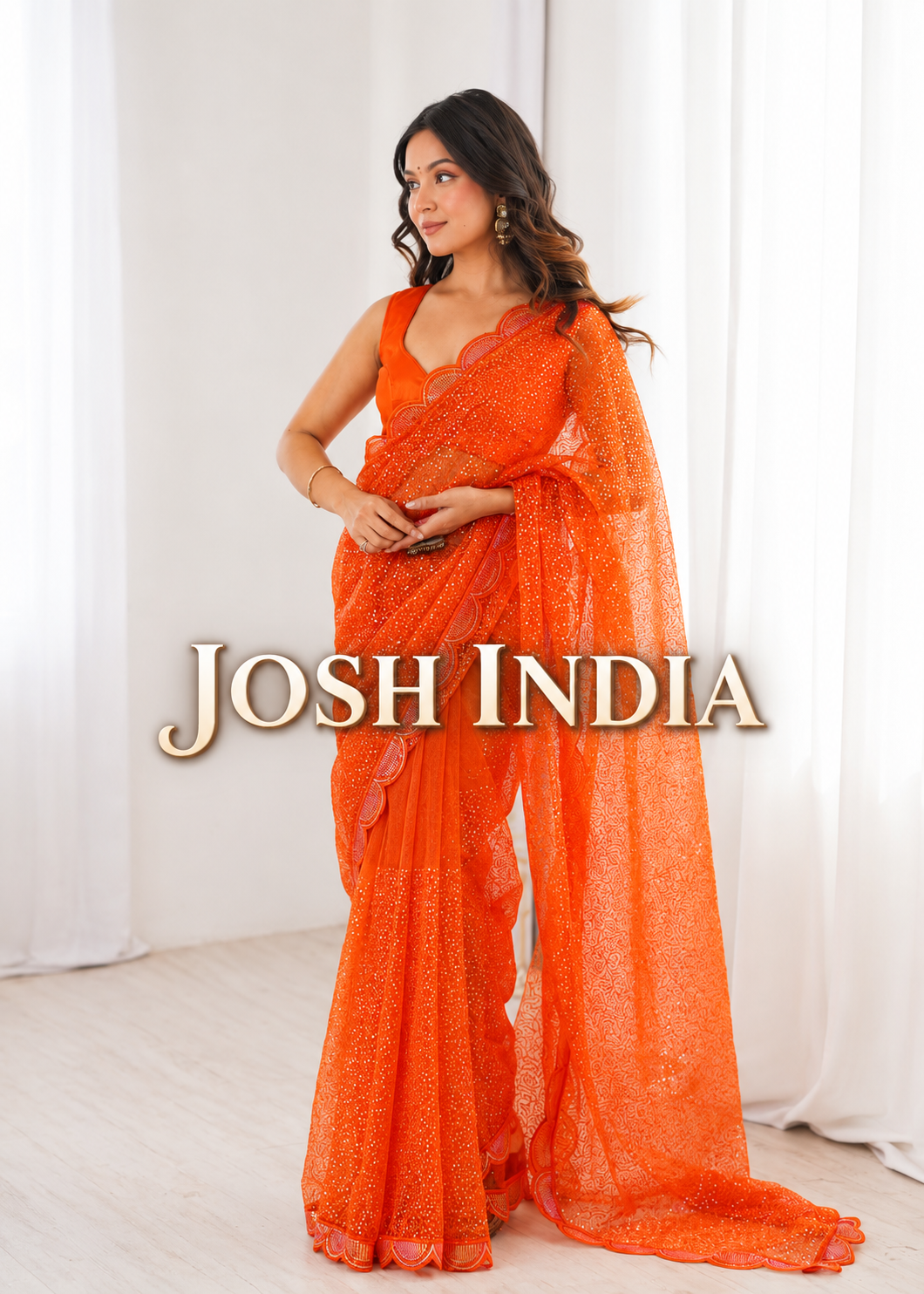 Pista Green And White And OrengeSequins Work Net Saree with Blouse Scalloped Border Party Wear