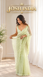 Pista Green And WhiteSequins Work Net Saree with Blouse Scalloped Border Party Wear