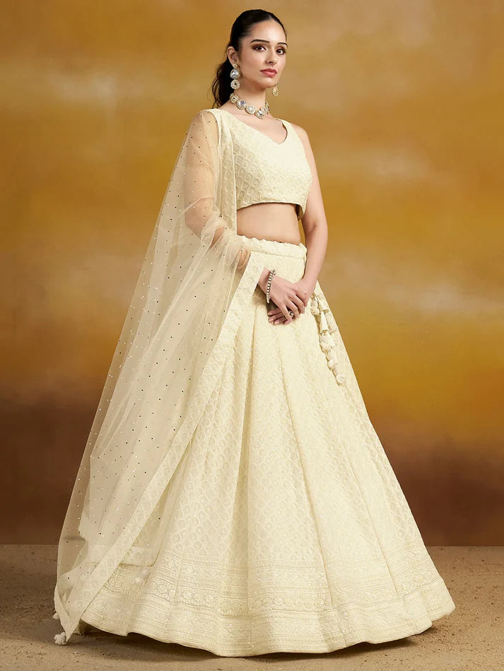Off-White Thread Work Georgette Traditional Lehenga Choli