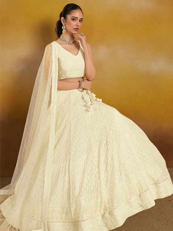 Off-White Thread Work Georgette Traditional Lehenga Choli
