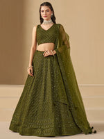 Olive Green Thread Work Georgette Wedding Lehenga Choli